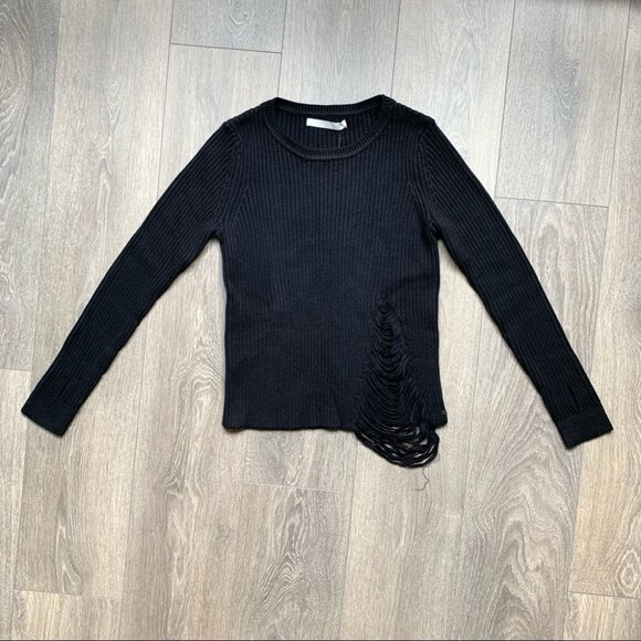 Revolve One Grey Day Robert Sweater Distressed Ribbed Knit Cotton Silk Black XS - Picture 2 of 16
